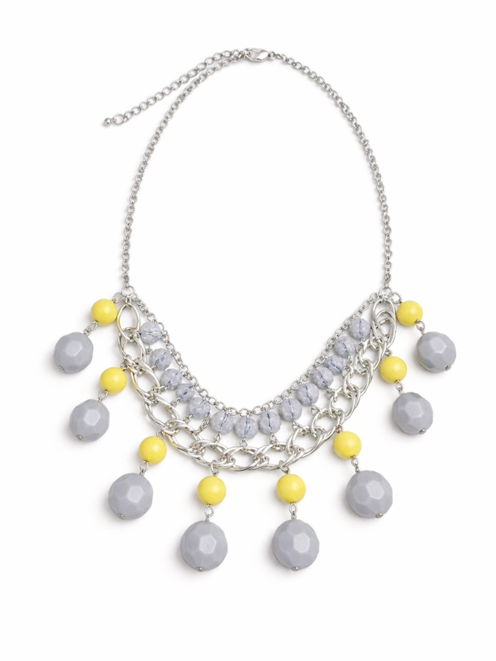 Avon Vintage Bib Necklace Silver Tone Grey Yellow & Iridescent Beaded Statement